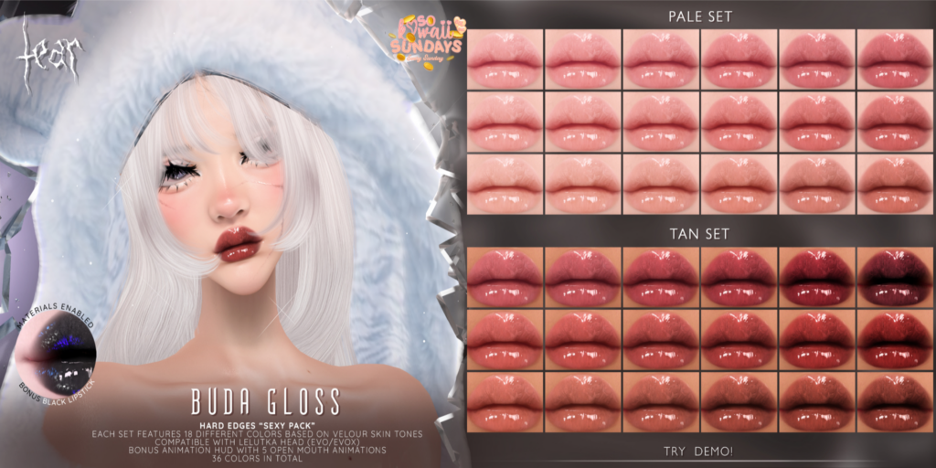 Buda Gloss Lipstick - Evo/EvoX	&lt;a href=&quot;http://maps.secondlife.com/secondlife/Hashira/150/190/3&quot; target=&quot;_blank&quot;&gt;Teleport&lt;/a&gt;
