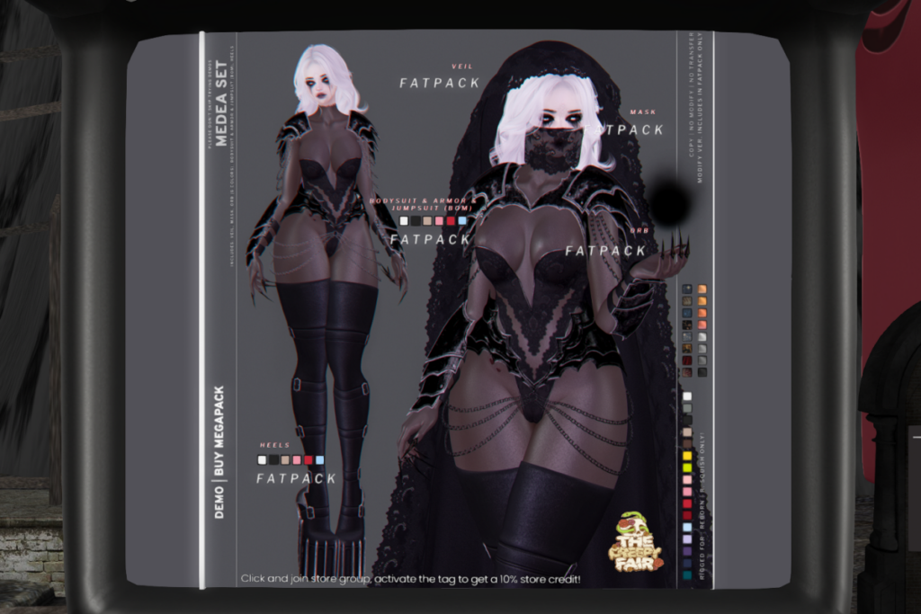 Medea Veil, Mask, Orb, Heels, &amp; Bodysuit - Reborn/+mods, L$250-L$350each/L$1350 Heels FP/L$1850 Bodysuit FP/L$3500 MP