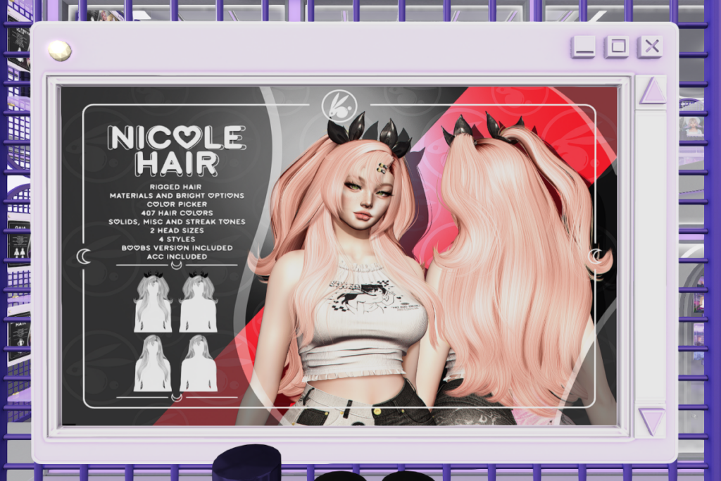 Nicole Hair	&lt;a href=&quot;http://maps.secondlife.com/secondlife/Hashira/191/33/3&quot; target=&quot;_blank&quot;&gt;Teleport&lt;/a&gt;