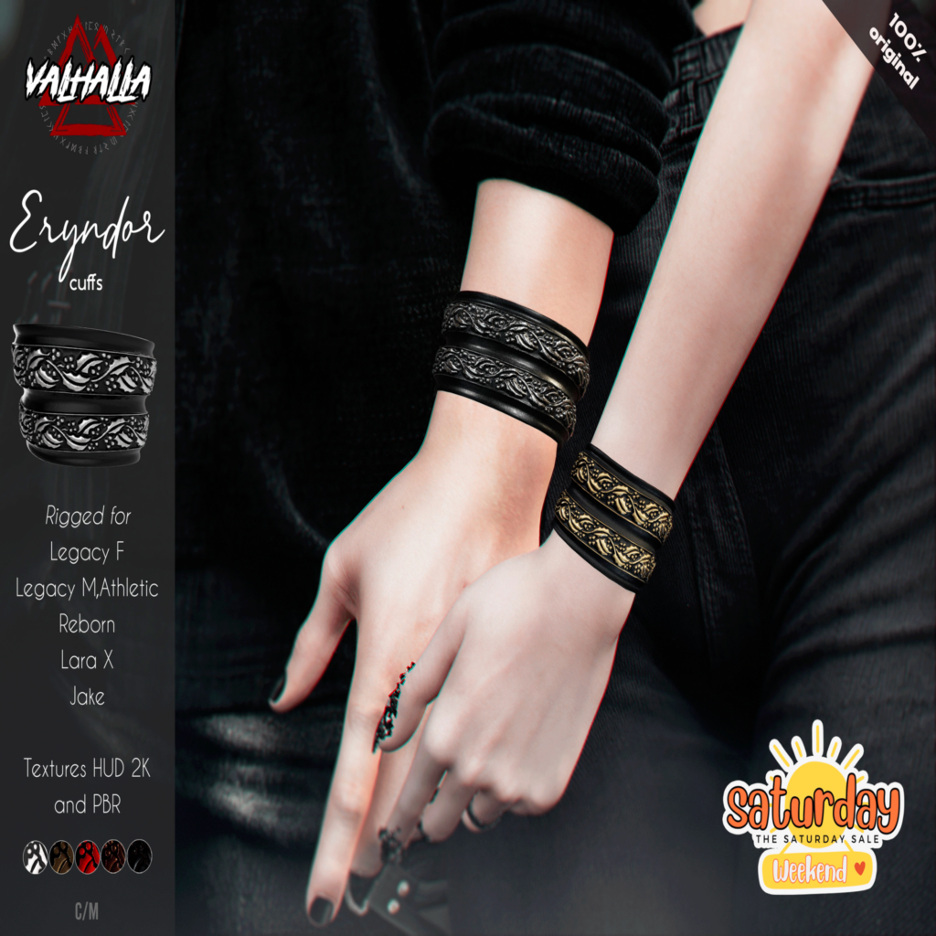 Eryndor Cuffs - Jake/Legacy M+F/Maitreya/Reborn/+mods	&lt;a href=&quot;http://maps.secondlife.com/secondlife/Badwolf%20Valhalla/120/128/25&quot; target=&quot;_blank&quot;&gt;Teleport&lt;/a&gt;