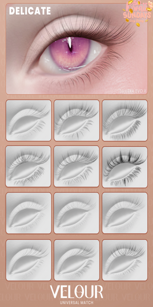 Delicate Lashes - EvoX	&lt;a href=&quot;http://maps.secondlife.com/secondlife/VELOUR/93/115/83&quot; target=&quot;_blank&quot;&gt;Teleport&lt;/a&gt;