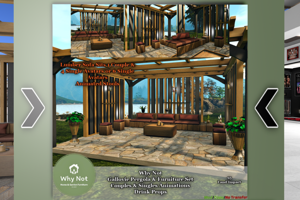 Gallovie Pergola &amp; Furniture Set, L$169-L$282 each/L$672 FP
