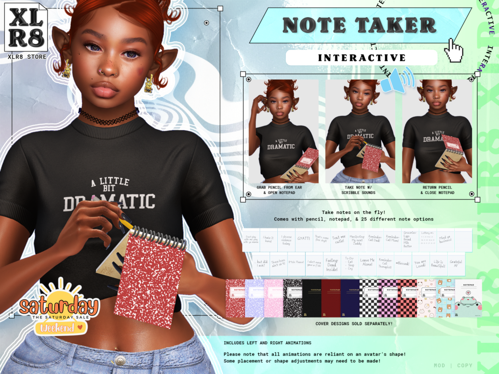 Note Taker Interactive Notepad	&lt;a href=&quot;http://maps.secondlife.com/secondlife/FireStar/32/106/24&quot; target=&quot;_blank&quot;&gt;Teleport&lt;/a&gt;