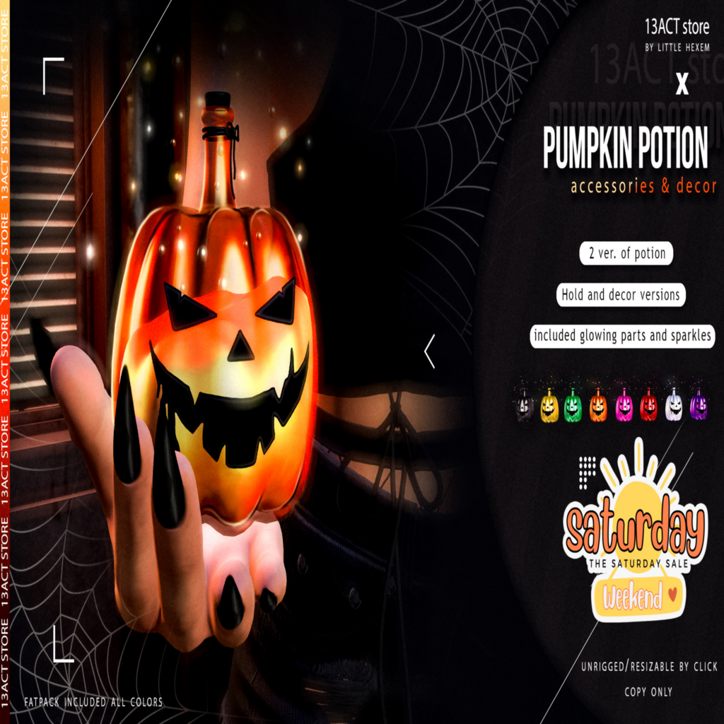 Pumpkin Potion Holdable Accessory &amp; Decor	&lt;a href=&quot;http://maps.secondlife.com/secondlife/Worlds%20End/124/127/26&quot; target=&quot;_blank&quot;&gt;Teleport&lt;/a&gt;