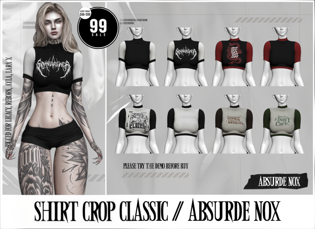 Shirt Crop Classic - Ayla/Legacy/MaitreyaX/Reborn	&lt;a href=&quot;http://maps.secondlife.com/secondlife/Forever%20Land/85/148/1799&quot; target=&quot;_blank&quot;&gt;Teleport&lt;/a&gt;
