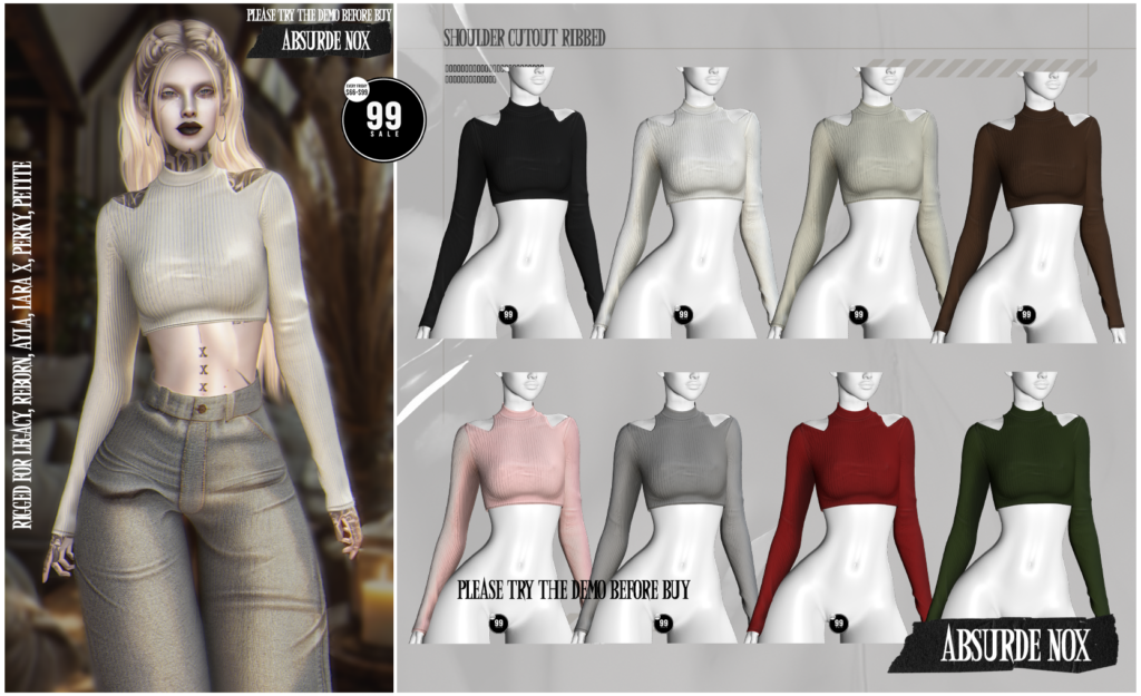 Shoulder Cutout Ribbed Top - Ayla/Legacy/MaitreyaX/Reborn/+mods	&lt;a href=&quot;http://maps.secondlife.com/secondlife/Forever%20Land/85/148/1799&quot; target=&quot;_blank&quot;&gt;Teleport&lt;/a&gt;