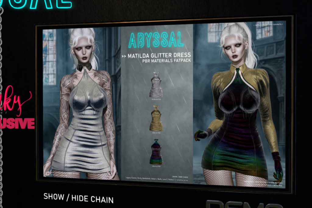 Matilda Glitter Dress - Legacy/MaitreyaX/Reborn/+mods, L$349 each/L$999 FP