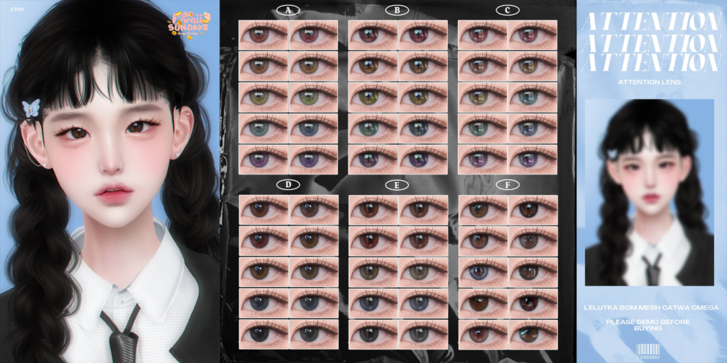 Attention Lens Eyes - BOM/Catwa/EvoX/Mesh/Omega	&lt;a href=&quot;http://maps.secondlife.com/secondlife/Dove/92/43/1108&quot; target=&quot;_blank&quot;&gt;Teleport&lt;/a&gt;