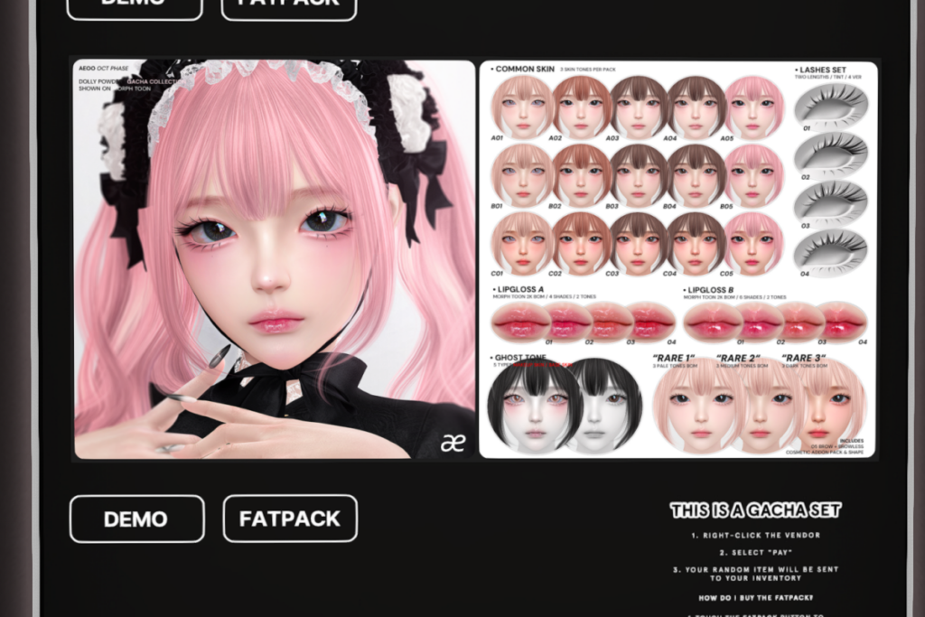 Dolly Powder Gacha - Genus Morph Toon, L$95 per pull/L$4599 FP
