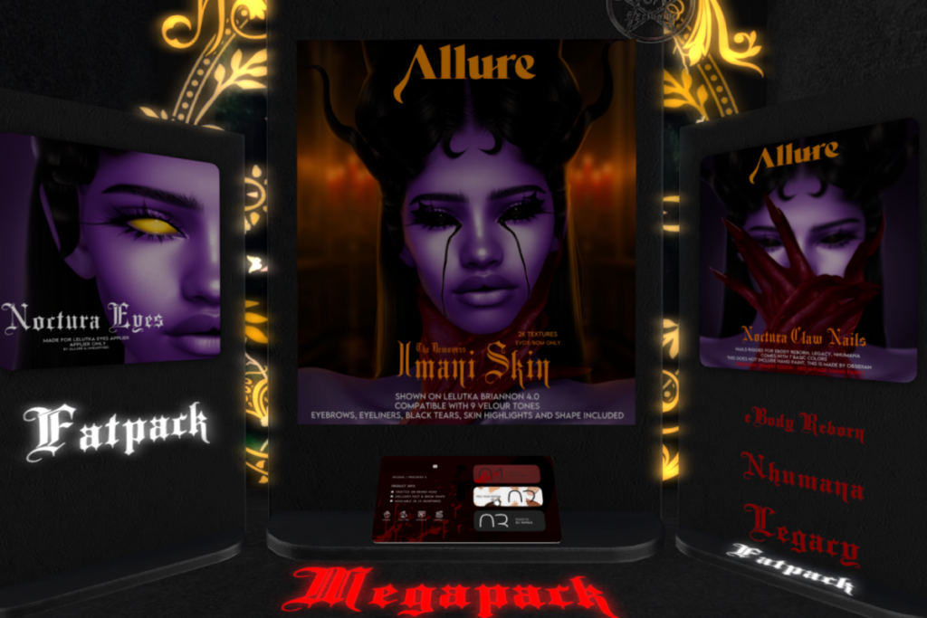Noctura Eyes - EvoX, L$499 | Imani Skin - EvoX/Velour, L$799 each/L$2599 FP | Noctura Claw Nails - Legacy/Nhumana/Reborn, L$399 each/L$699 FP | Noctura MegaPack, L$2789