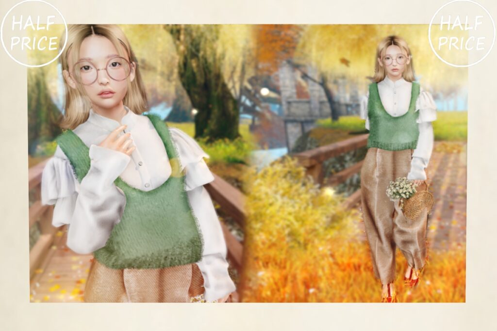 Knit Vest &amp; Frilled Blouse, Cotton Tucked Pants - GenX/Inithium/Legacy/MaitreyaX/Reborn, L$125 each/L$875 each FP