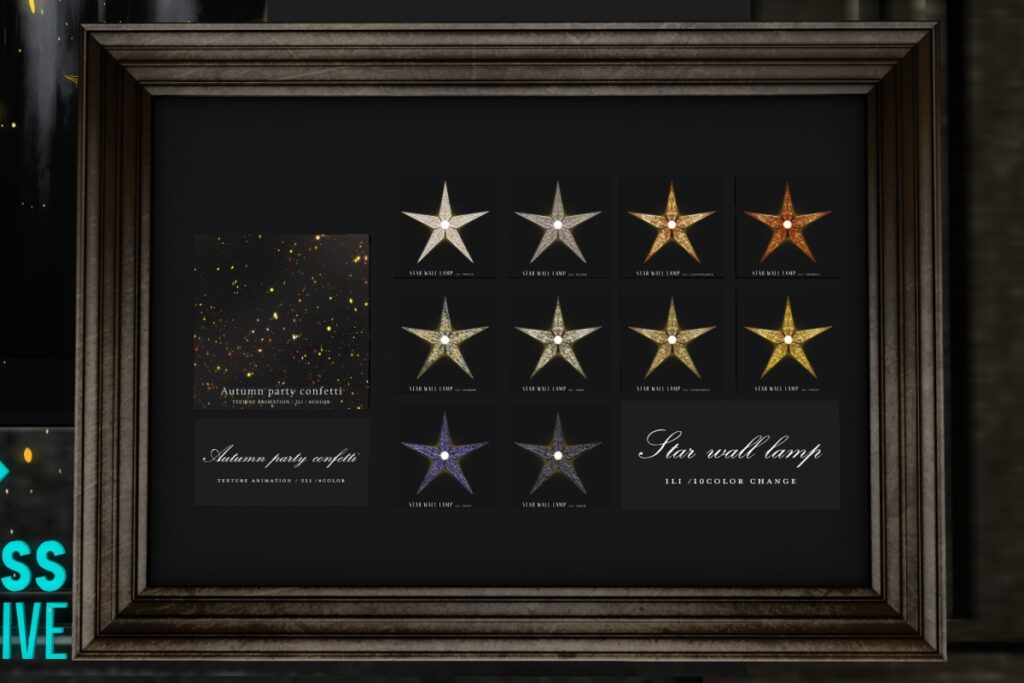 Autumn Party Confetti Texture Animation, L$199 | Star Wall Lamp, L$149 each/L$499 FP