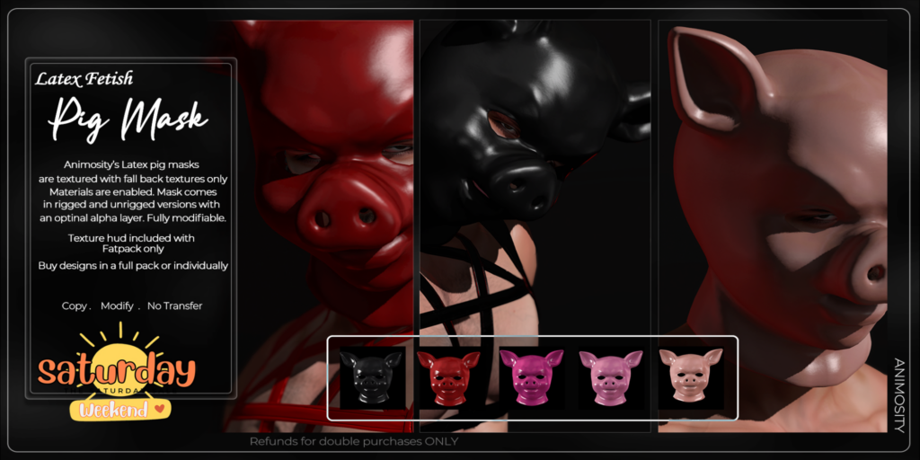 Latex Fetish Pig Mask - Rigged/Unrigged	&lt;a href=&quot;http://maps.secondlife.com/secondlife/Cravone/198/133/30&quot; target=&quot;_blank&quot;&gt;Teleport&lt;/a&gt;