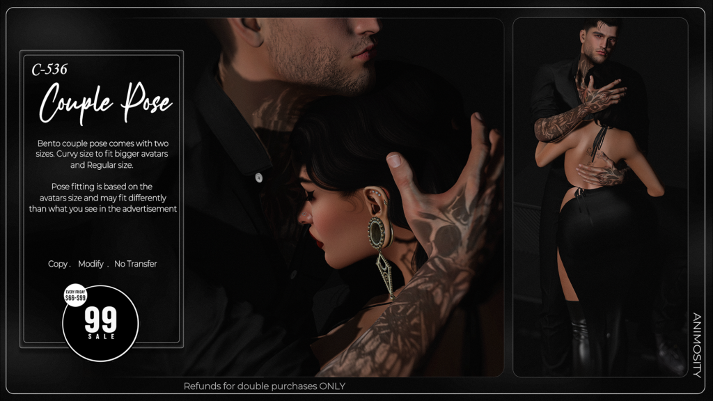 C-536 Couple Pose	&lt;a href=&quot;http://maps.secondlife.com/secondlife/Cravone/198/133/30&quot; target=&quot;_blank&quot;&gt;Teleport&lt;/a&gt;