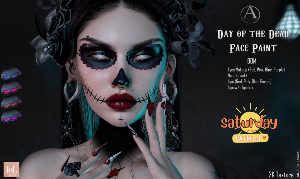 Day of the Dead Face Paint - EvoX	&lt;a href=&quot;http://maps.secondlife.com/secondlife/Violet%20Moon/222/32/3258&quot; target=&quot;_blank&quot;&gt;Teleport&lt;/a&gt;