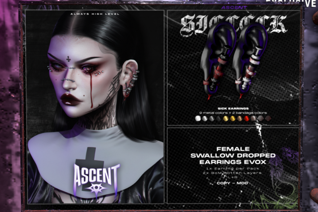 Sick Earrings - Swallow Dropped F Ears, L$299