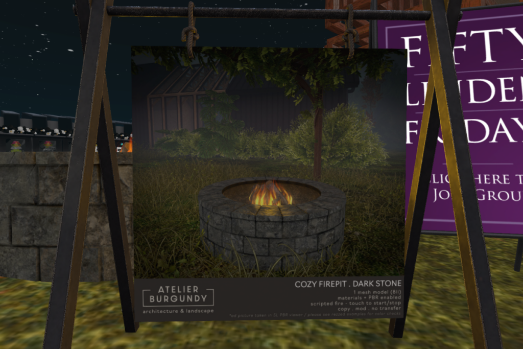 Cozy Firepit Dark Stone	&lt;a href=&quot;http://maps.secondlife.com/secondlife/Atelier/26/107/21&quot; target=&quot;_blank&quot;&gt;Teleport&lt;/a&gt;