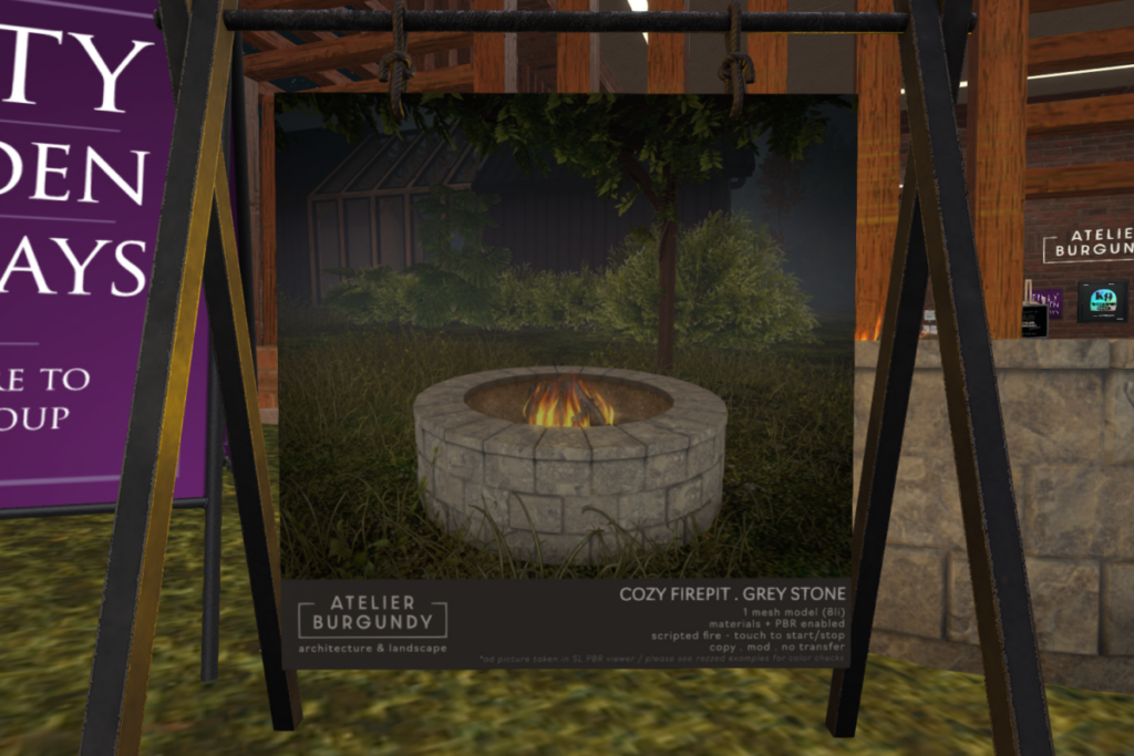 Cozy Firepit Grey Stone	&lt;a href=&quot;http://maps.secondlife.com/secondlife/Atelier/26/107/21&quot; target=&quot;_blank&quot;&gt;Teleport&lt;/a&gt;