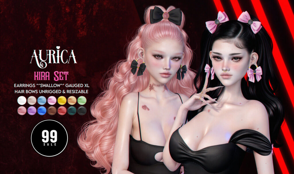 Kira Set Earrings - Swallow Gauged Ears XL | Kira Set Hair Bows	&lt;a href=&quot;http://maps.secondlife.com/secondlife/Crystal%20Isle/168/140/60&quot; target=&quot;_blank&quot;&gt;Teleport&lt;/a&gt;