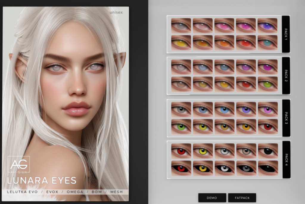 Lunara Eyes - BOM/Evo/EvoX/Mesh/Omega, L$325 each/L$850 FP