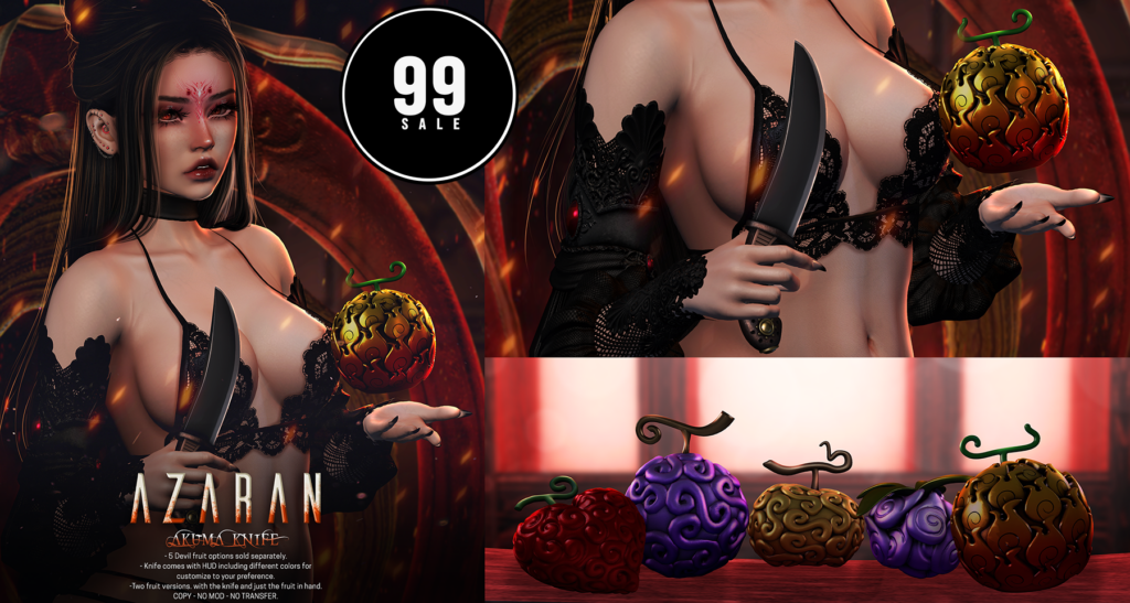 Akuma Knife &amp; Devil Fruit Holdable Accessories	&lt;a href=&quot;http://maps.secondlife.com/secondlife/Hell%20Fire/102/69/503&quot; target=&quot;_blank&quot;&gt;Teleport&lt;/a&gt;