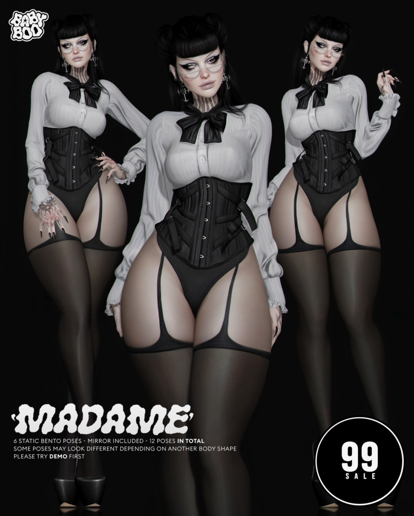 Madame Poses	&lt;a href=&quot;http://maps.secondlife.com/secondlife/Cult%20Grounds/16/23/1022&quot; target=&quot;_blank&quot;&gt;Teleport&lt;/a&gt;
