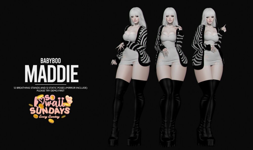 Maddie Poses	&lt;a href=&quot;https://maps.secondlife.com/secondlife/Cult%20Grounds/16/23/1022&quot; target=&quot;_blank&quot;&gt;Teleport&lt;/a&gt;