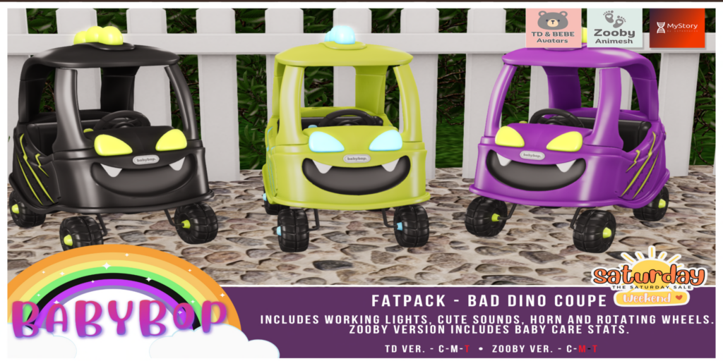 Bad Dino Coupe Kid&#039;s Vehicle	&lt;a href=&quot;http://maps.secondlife.com/secondlife/Forest%20Delight/213/77/26&quot; target=&quot;_blank&quot;&gt;Teleport&lt;/a&gt;