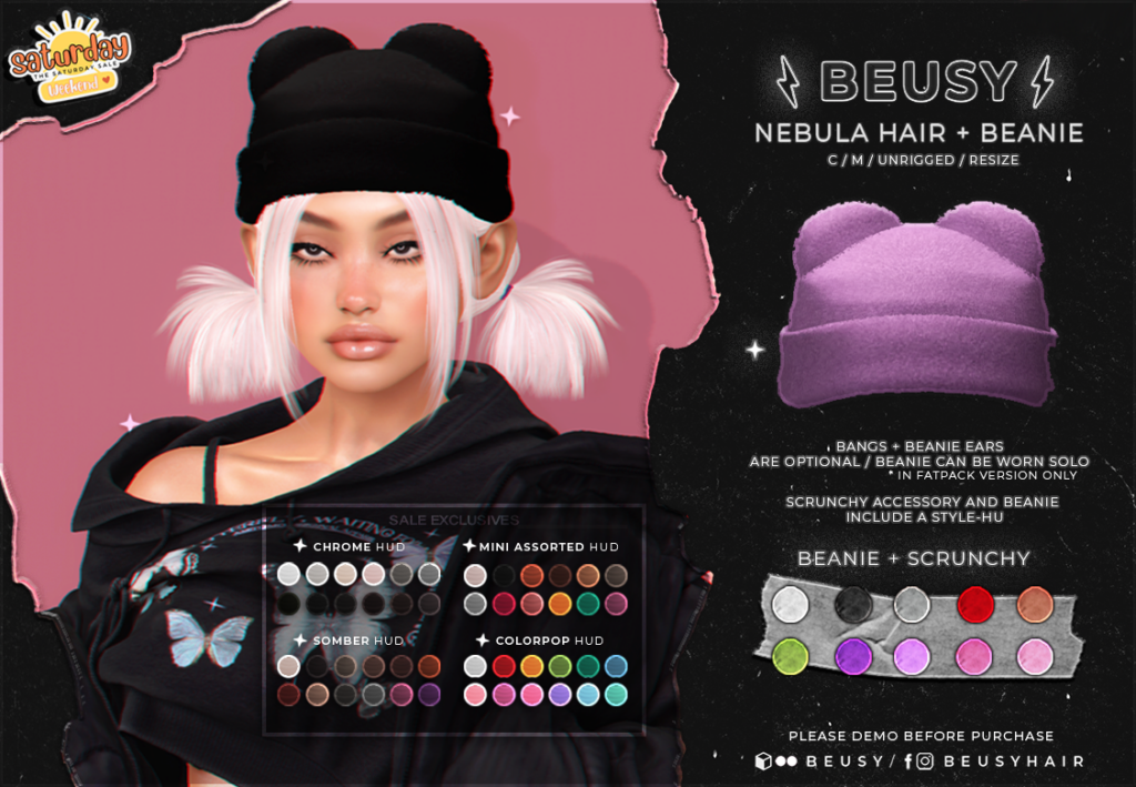 Nebula Hair with Beanie	&lt;a href=&quot;http://maps.secondlife.com/secondlife/The%20Northern%20Forests/180/61/902&quot; target=&quot;_blank&quot;&gt;Teleport&lt;/a&gt;