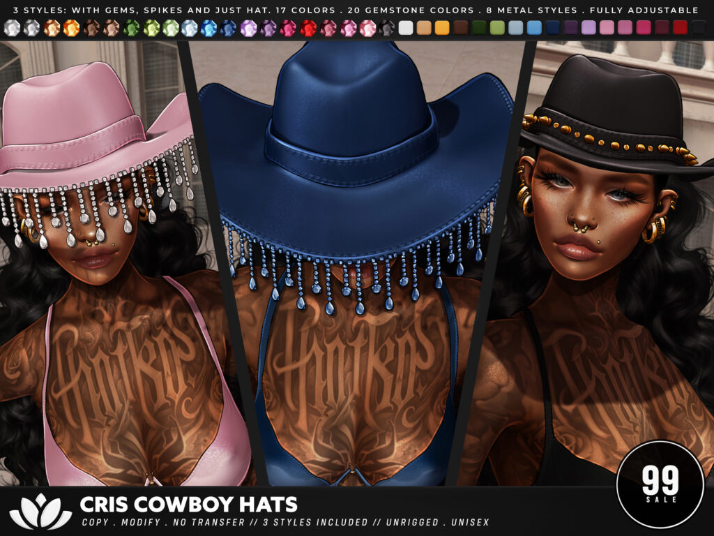 Cris Cowboy Hats	&lt;a href=&quot;https://maps.secondlife.com/secondlife/BlackLotus/115/93/29&quot; target=&quot;_blank&quot;&gt;Teleport&lt;/a&gt;