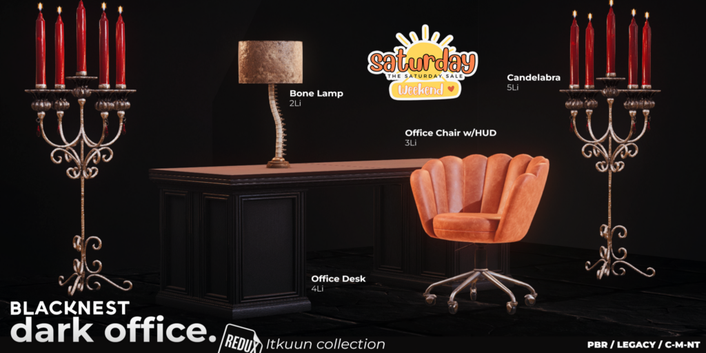 Itkuun Collection Decor Set	&lt;a href=&quot;http://maps.secondlife.com/secondlife/BLACK%20NEST/233/131/21&quot; target=&quot;_blank&quot;&gt;Teleport&lt;/a&gt;