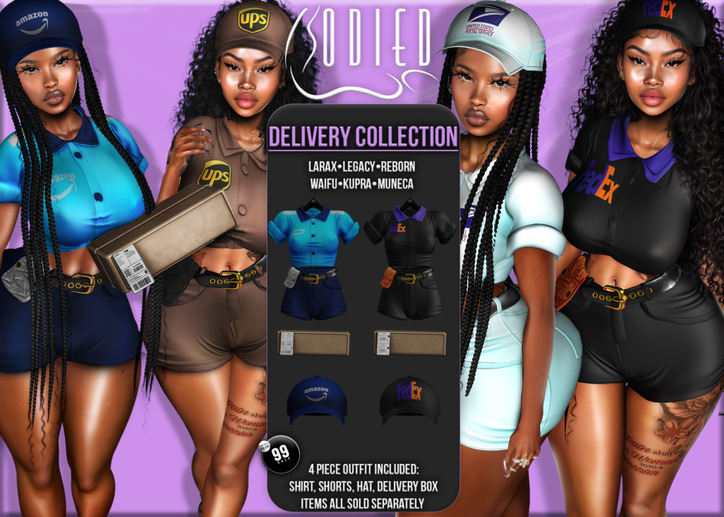 Delivery Collection Shirt, Shorts, Hat, &amp; Delivery Box - Inithium/Legacy/MaitreyaX/Reborn/Yentements/+mods	&lt;a href=&quot;http://maps.secondlife.com/secondlife/Flora/202/155/45&quot; target=&quot;_blank&quot;&gt;Teleport&lt;/a&gt;