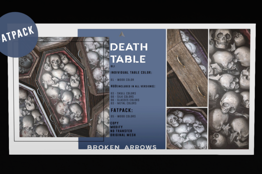 Death Table	&lt;a href=&quot;http://maps.secondlife.com/secondlife/AM%20corporate/93/83/1508&quot; target=&quot;_blank&quot;&gt;Teleport&lt;/a&gt;