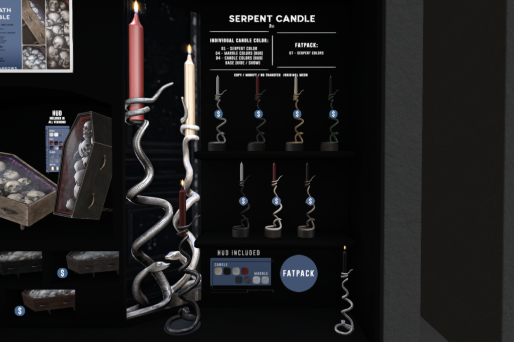 Serpent Candle	&lt;a href=&quot;http://maps.secondlife.com/secondlife/AM%20corporate/93/83/1508&quot; target=&quot;_blank&quot;&gt;Teleport&lt;/a&gt;