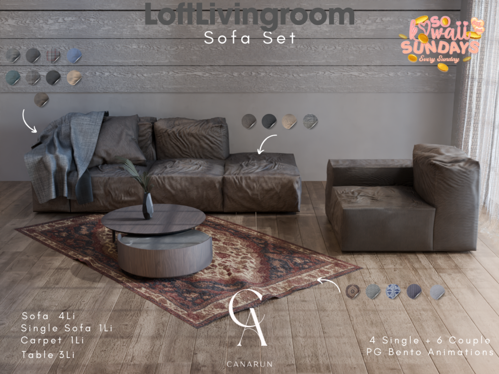 Loft Living Room Sofa Set	&lt;a href=&quot;http://maps.secondlife.com/secondlife/Canarun/242/130/24&quot; target=&quot;_blank&quot;&gt;Teleport&lt;/a&gt;