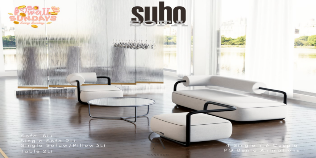 Suho Sofa Decor Set	&lt;a href=&quot;http://maps.secondlife.com/secondlife/Canarun/241/130/24&quot; target=&quot;_blank&quot;&gt;Teleport&lt;/a&gt;