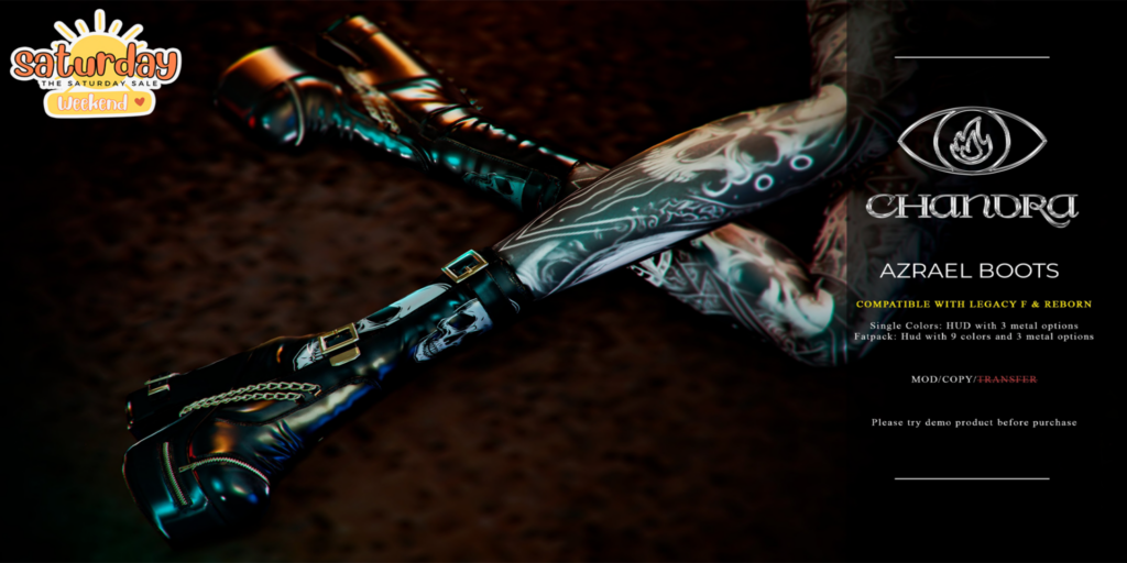 Azrael Boots - Legacy/Reborn	&lt;a href=&quot;http://maps.secondlife.com/secondlife/Hell%20Fire/61/64/502&quot; target=&quot;_blank&quot;&gt;Teleport&lt;/a&gt;