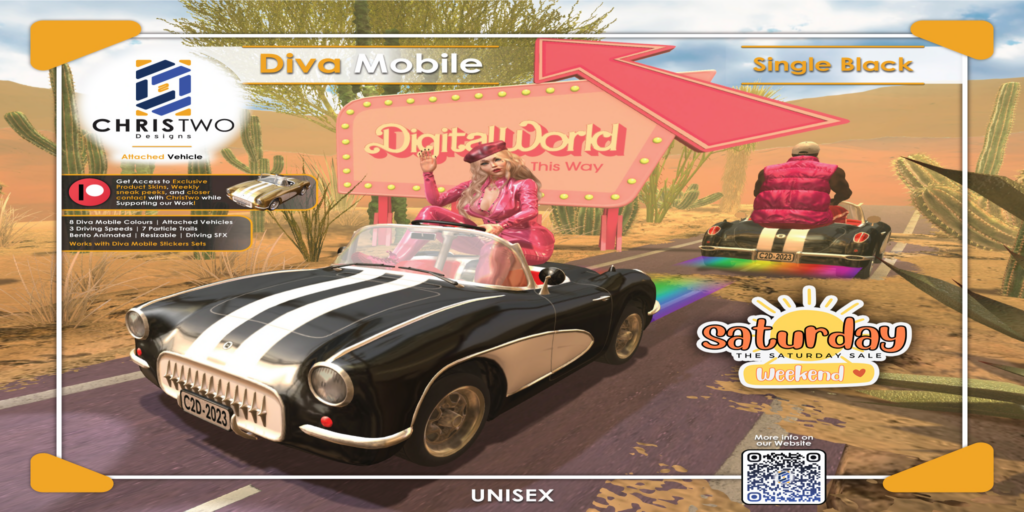 Diva Mobile Driveable Car	&lt;a href=&quot;http://maps.secondlife.com/secondlife/Chris%20Two%20Designs/128/129/15&quot; target=&quot;_blank&quot;&gt;Teleport&lt;/a&gt;