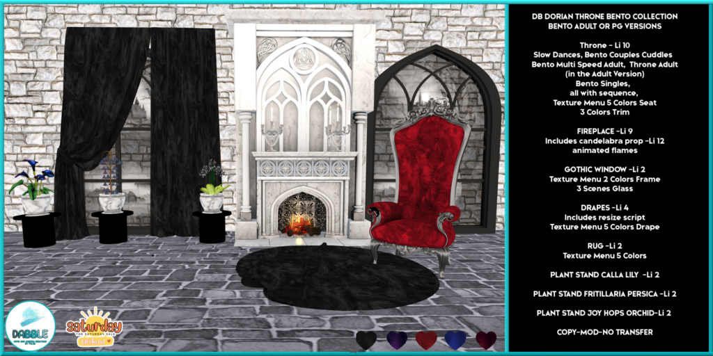 Dorian Throne Furniture Collection	&lt;a href=&quot;http://maps.secondlife.com/secondlife/Casvian%20Caye/164/74/22&quot; target=&quot;_blank&quot;&gt;Teleport&lt;/a&gt;