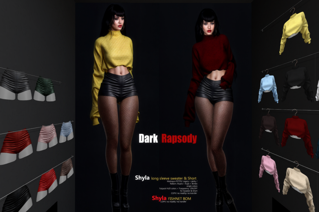 Shyla Long Sleeve Sweater &amp; Shorts - Inithium/Legacy/Maitreya/Reborn/+mods, L$199 each/L$1499 each FP | Shyla Fishnets - BOM, L$149