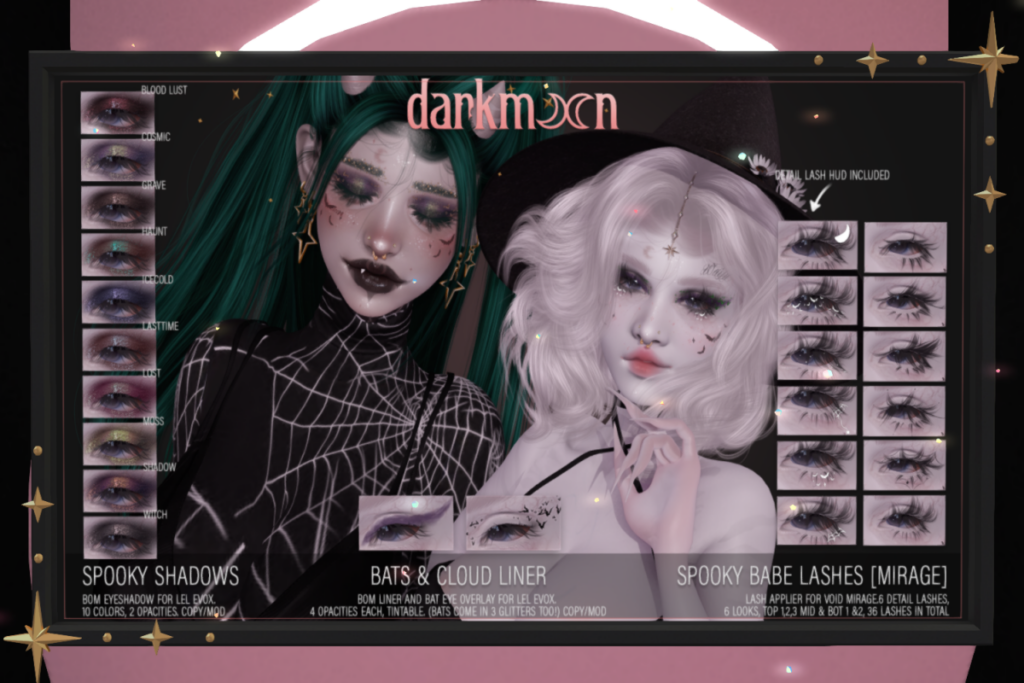 Spooky Shadows - EvoX, L$300 | Bats &amp; Cloud Liner - EvoX, L$99 | Spooky Babe Lashes - Void Mirage, L$599