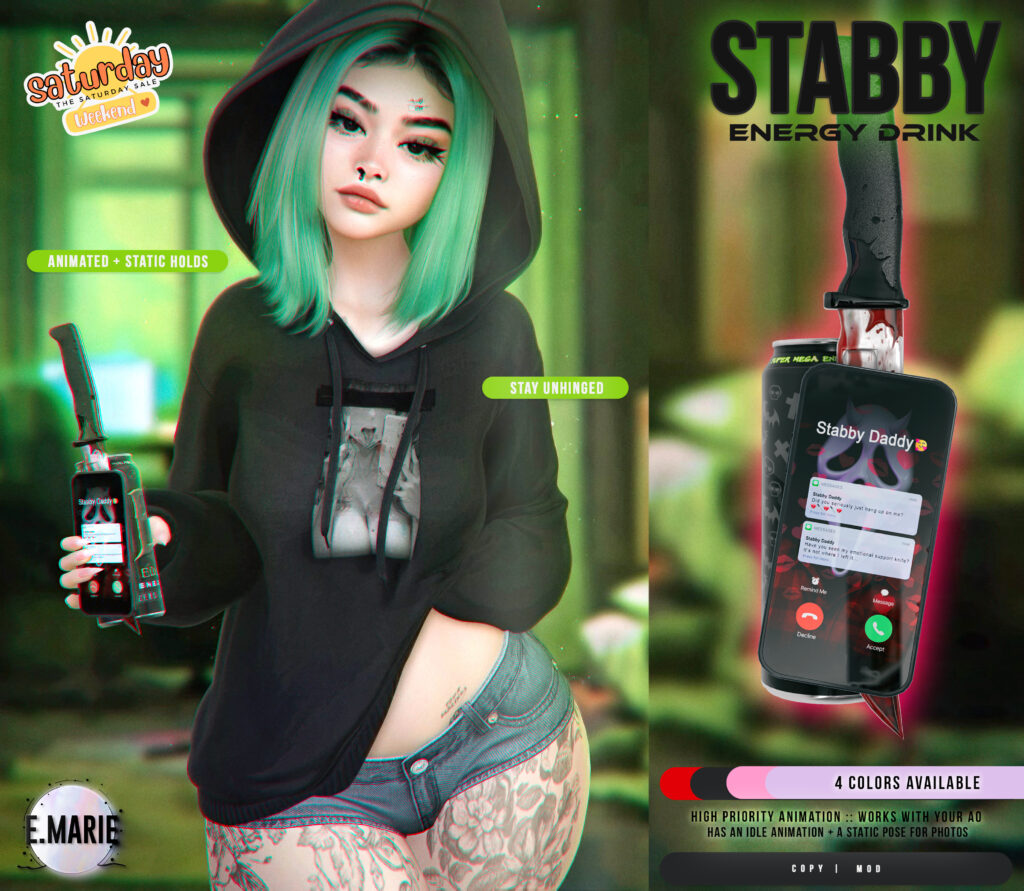 Stabby Energy Drink Holdable	&lt;a href=&quot;http://maps.secondlife.com/secondlife/xoxo/86/130/41&quot; target=&quot;_blank&quot;&gt;Teleport&lt;/a&gt;