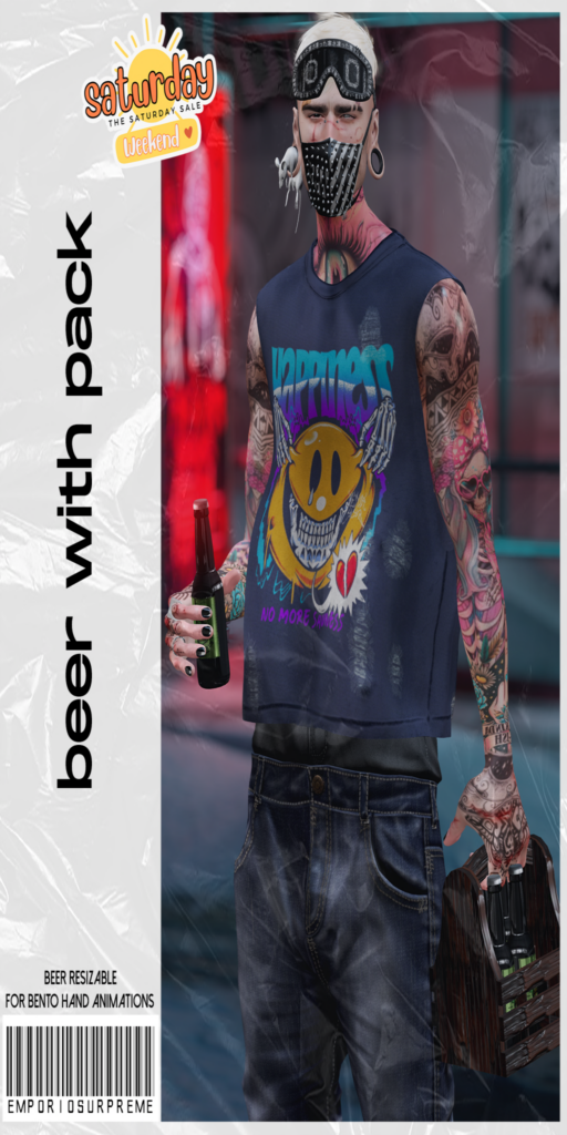 Beer with Pack Wearable Accessories	&lt;a href=&quot;http://maps.secondlife.com/secondlife/Ember%20Island/115/27/3908&quot; target=&quot;_blank&quot;&gt;Teleport&lt;/a&gt;