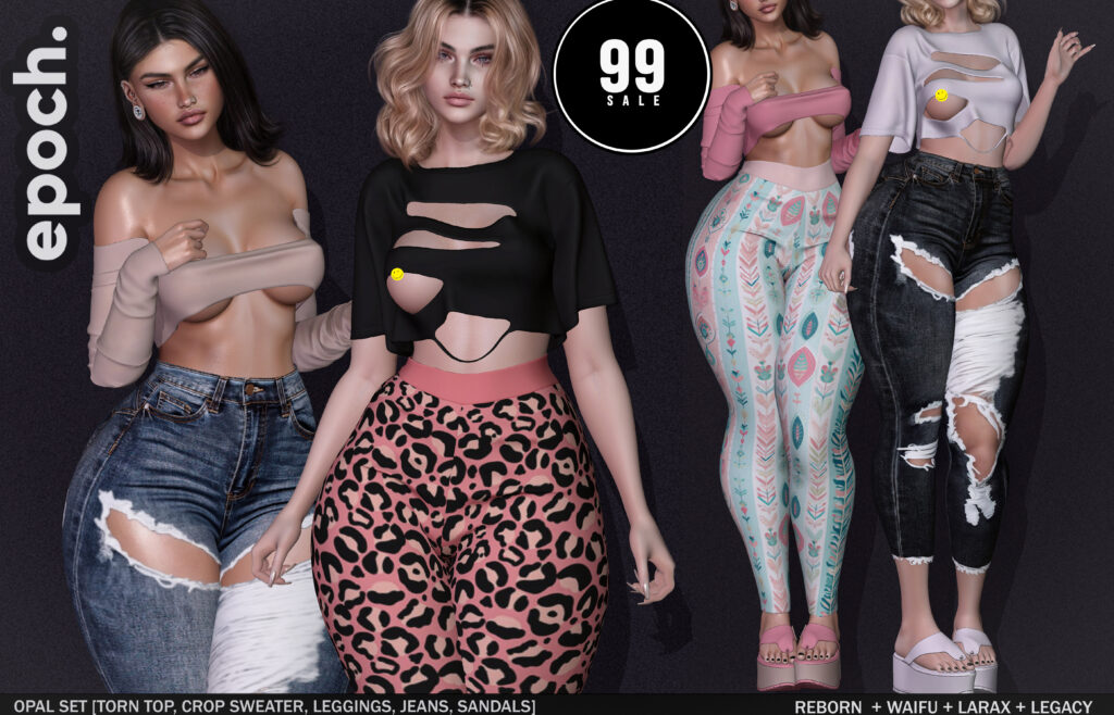 Opal Top, Sweater, Leggings, Jeans, &amp; Sandals - Legacy/MaitreyaX/Reborn/+mods	&lt;a href=&quot;http://maps.secondlife.com/secondlife/Chaotic%20Good/150/169/476&quot; target=&quot;_blank&quot;&gt;Teleport&lt;/a&gt;