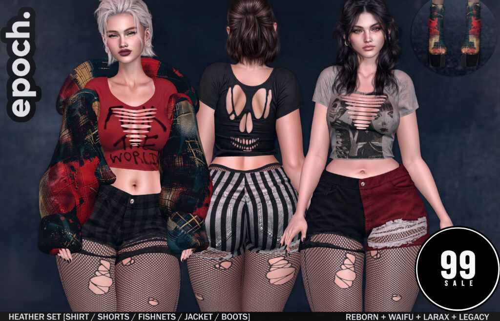 Heather Shirt, Shorts, Fishnets, Jacket, &amp; Boots - Legacy/MaitreyaX/Reborn/+mods	&lt;a href=&quot;http://maps.secondlife.com/secondlife/Chaotic%20Good/150/169/476&quot; target=&quot;_blank&quot;&gt;Teleport&lt;/a&gt;
