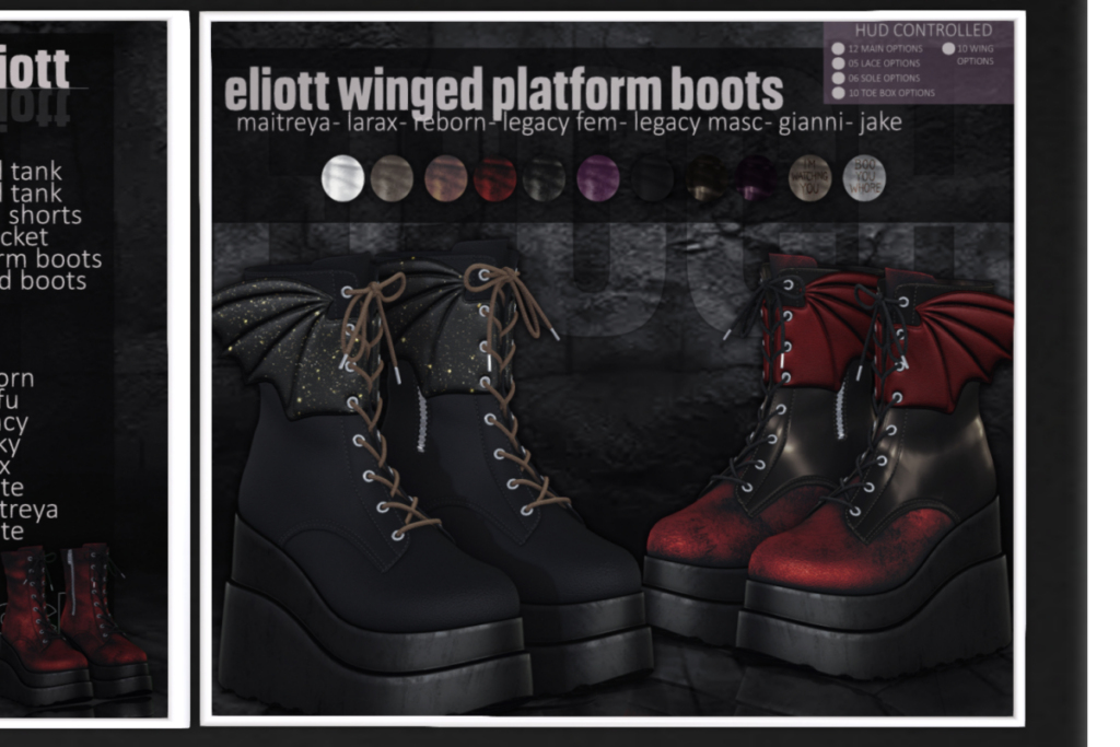 Elliot Winged Platform Boots -  Gianni/Jake/Legacy M+F/MaitreyaX/Reborn/+mods, L$199 each/L$599 FP