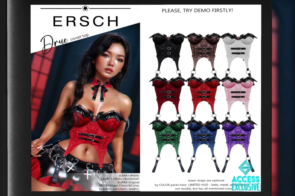 Drue Corset Top - GenX/Inithium/Legacy/MaitreyaX/Reborn/+mods, L$249 each/L$999 FP