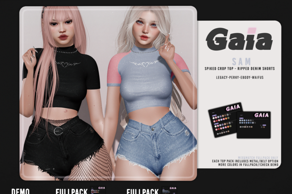 Sam Spiked Crop Top &amp; Sam Ripped Denim Shorts - Legacy/Reborn/+mods, L$269-L$299 each/L$1299 each FP