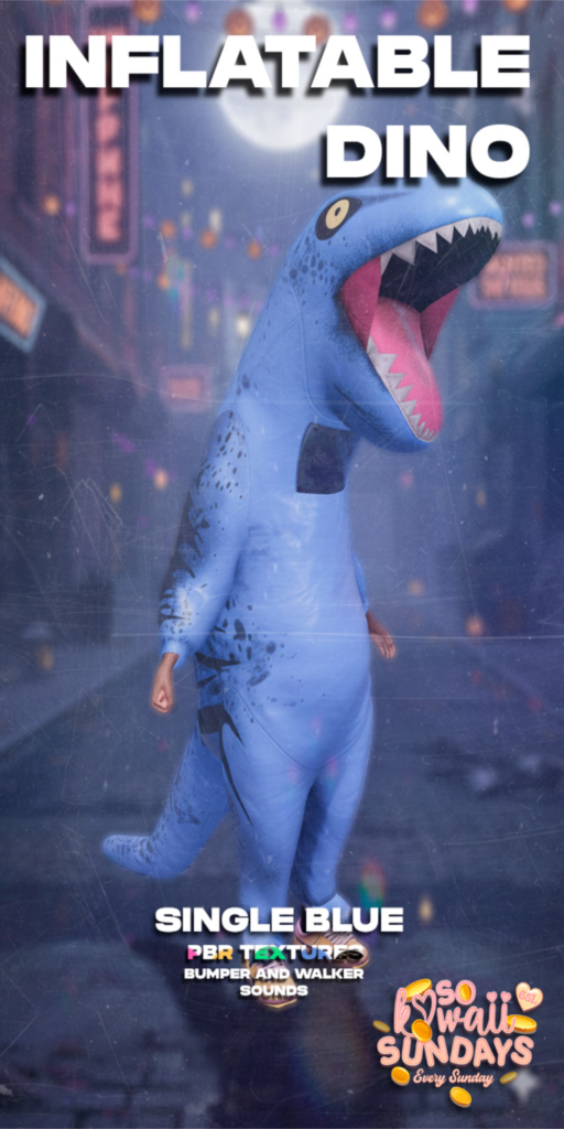 Inflatable Dino Costume - no fits listed	&lt;a href=&quot;https://maps.secondlife.com/secondlife/Fang/92/95/2751&quot; target=&quot;_blank&quot;&gt;Teleport&lt;/a&gt;