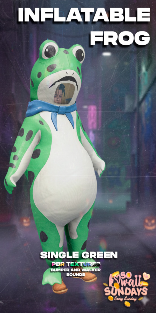 Inflatable Frog Costume - no fits listed	&lt;a href=&quot;https://maps.secondlife.com/secondlife/Fang/92/95/2751&quot; target=&quot;_blank&quot;&gt;Teleport&lt;/a&gt;